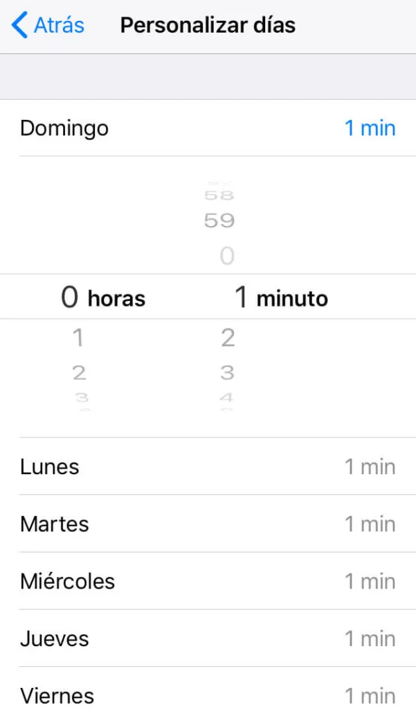Menú de la opción “Personalizar días”, el cual muestra una lista de los días de la semana, y le da al usuario la opción de asignar un límite de tiempo a cada día.