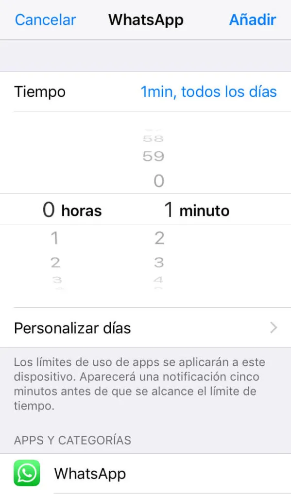 Menú para configurar el tiempo que tiene que pasar antes de que WhatsApp quede bloqueado.