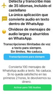 App de Audio a Texto Whats Mensajes mostrando un mensaje diciendo que el usuario debe seleccionar una suscripción paga para poder transcribir audios de WhatsApp. 