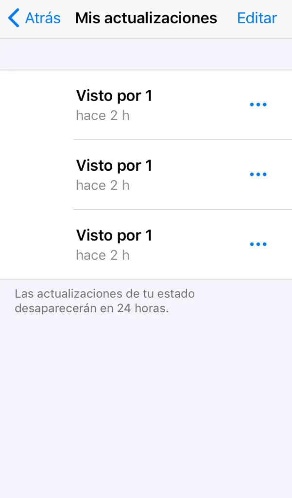 Lista de estados de WhatsApp con sus respectivas fotos, en donde se observa el número de personas que han visto cada estado.