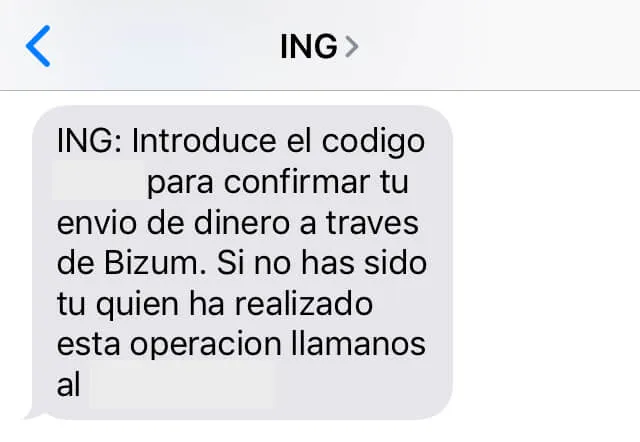 SMS con un código para poder enviar dinero a otra persona por Bizum.