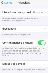 Apartado “Bloqueo de pantalla” del menú de la opción “Privacidad” de WhatsApp.