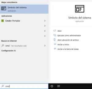 Menú de inicio de Windows 10 con la palabra “cmd”, el cual muestra una aplicación llamada “Símbolo del sistema”.