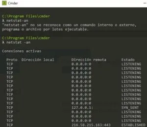 Símbolo del sistema mostrando el comando “netstat - an”, y una IP con la dirección “216.58.215.163”. En este caso, optamos por usar un emulador del símbolo del sistema llamado Cmder.