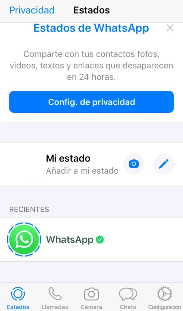 Pestaña “Estados” de WhatsApp mostrando el apartado “Mi estado” y un icono de un lápiz. 