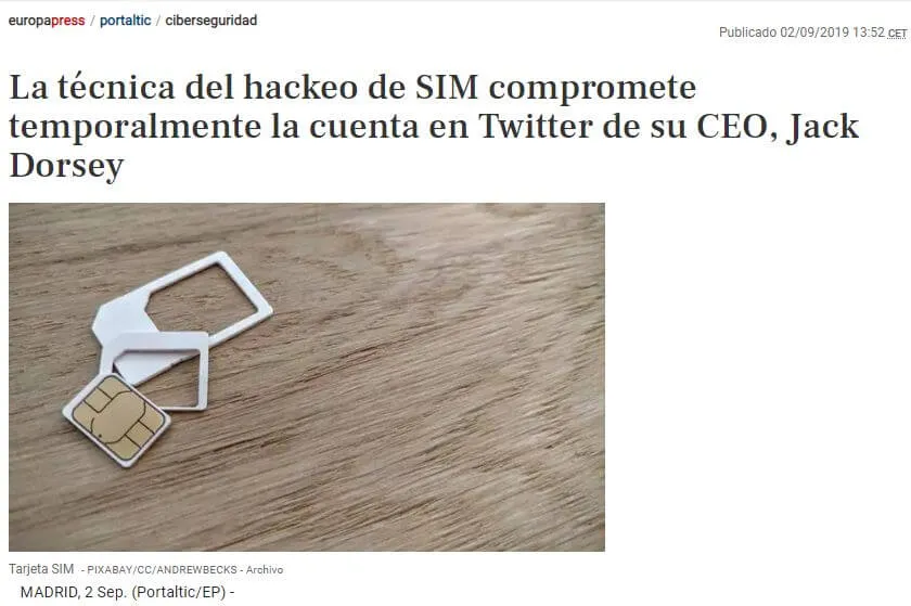 Noticia del sitio web de Europa Press que muestra que el CEO de Twitter fue víctima de un ataque de SIM Swapping.