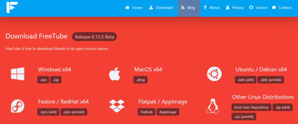 Página web para descargar FreeTube.