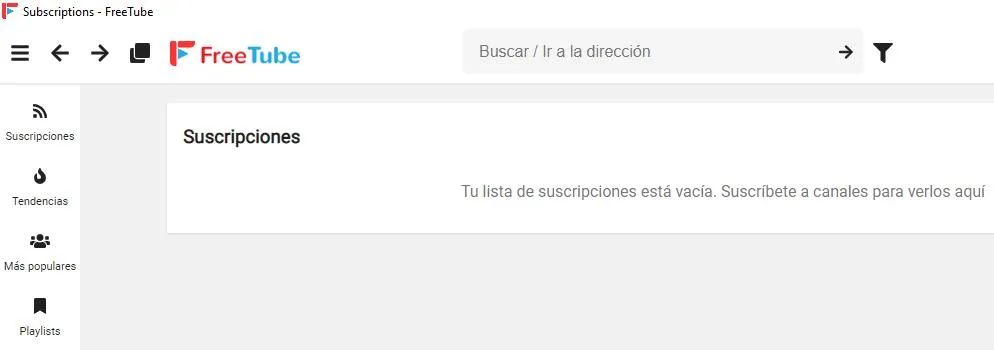 FreeTube abierto en un ordenador con Windows 10. Se observan unos enlaces llamados “Tendencias” y “Más populares”.