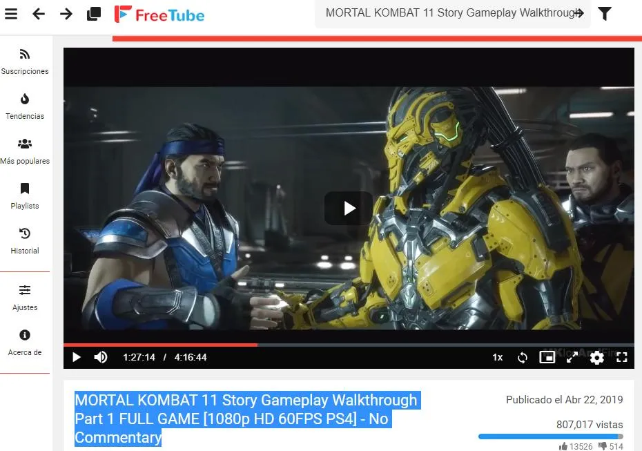 Vídeo de Mortal Kombat 11 en FreeTube, el cual estaba originalmente bloqueado por restricción de edad en YouTube.