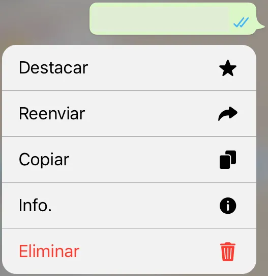 Mensaje en un grupo de WhatsApp mostrando un menú con la opción “Info.”.