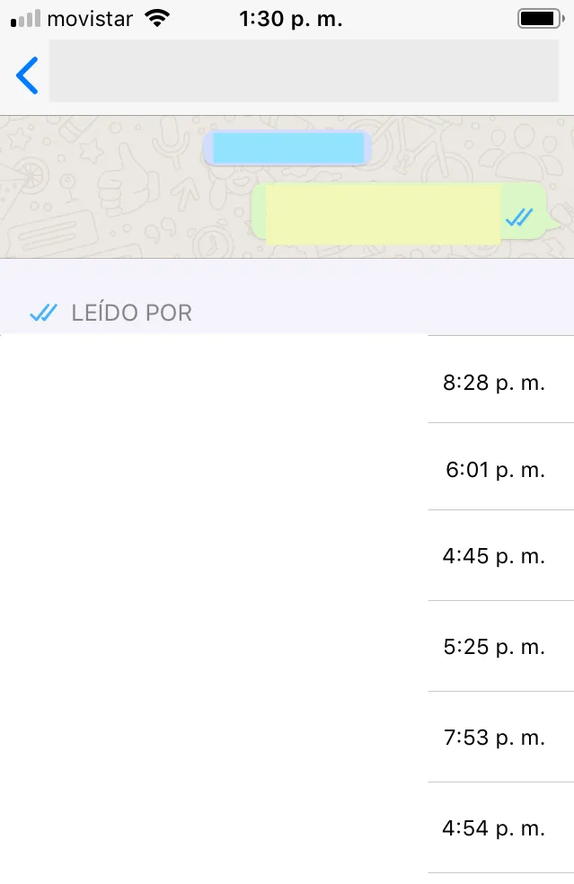 Ventana mostrándole al usuario todos los nombres y números de teléfono de las personas de un grupo de WhatsApp que han leído su mensaje, al igual que la hora en el que cada persona leyó su mensaje.