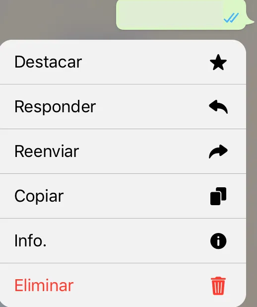 Chat individual de WhatsApp mostrando un mensaje con un menú en el que se observa la opción “Info.”.