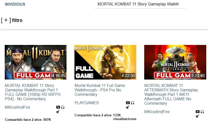 Lista de vídeos de Invidious que aparece cuando el usuario escribe cualquier palabra clave en la barra de búsqueda de este sitio web. Se observan los mismos vídeos de Mortal Kombat 11 que aparecen en YouTube al usar las mismas palabras clave.