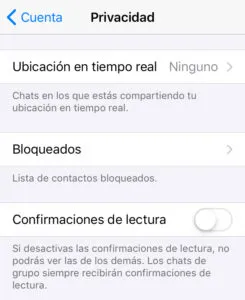 Menú del apartado “Privacidad” mostrando que la opción “Confirmaciones de lectura” está desactivada.