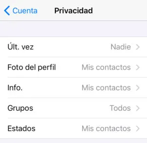 Menú del apartado “Privacidad”, en el cual se puede observar la opción “Últ. vez”.