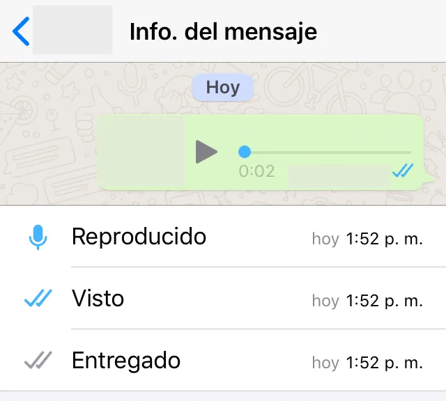 Ventana mostrando la hora en el que una nota de voz fue reproducida en un chat de WhatsApp.