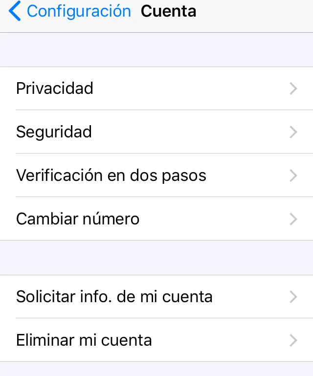 Opción “Privacidad” del menú del apartado “Cuenta” de WhatsApp.