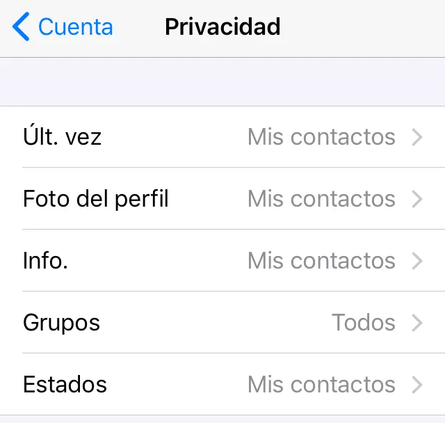Opción “Estados” del menú del apartado “Privacidad” de WhatsApp.