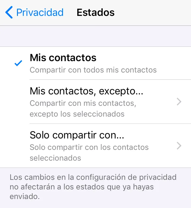 Apartados “Mis contactos, excepto...” y “Solo compartir con...” del apartado “Estados” de WhatsApp.
