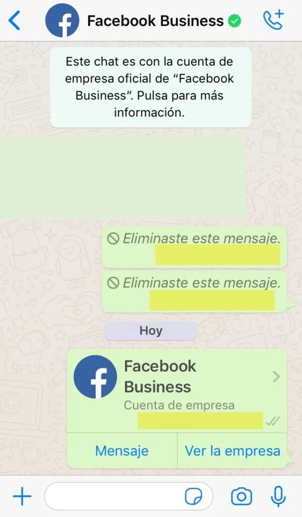 Chat mostrando la tarjeta de contacto de la cuenta de empresa de Facebook de WhatsApp. Se observa que el usuario guardó esta cuenta con el nombre “Facebook Business”.