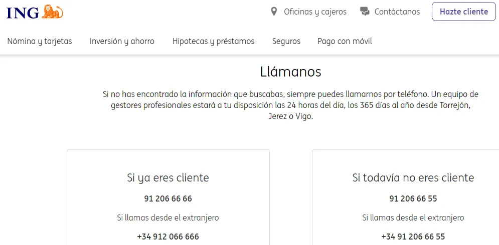 Página web del banco ING mostrando su número de teléfono de atención al cliente.
