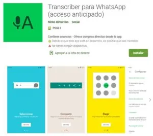 App de Transcriber en la Google Play Store. Se observa en el nombre de la app que dicha aplicación es de acceso anticipado.