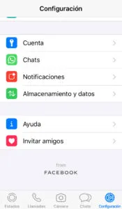 Menú del apartado “Configuración” de WhatsApp, el cual muestra la opción “Cuenta”.