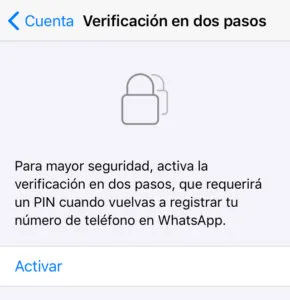 Opción “Activar” del menú del apartado “Verificación en dos pasos”.
