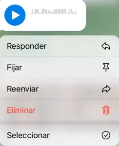 Chat de Telegram mostrando un mensaje de voz y el menú que aparece al dejar presionado dicha nota de voz, en donde se observa la opción “Seleccionar”.