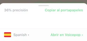 Transcripción de una nota de voz de WhatsApp mostrando las opciones “Copiar al portapapeles” y “Abrir en Voicepop”.