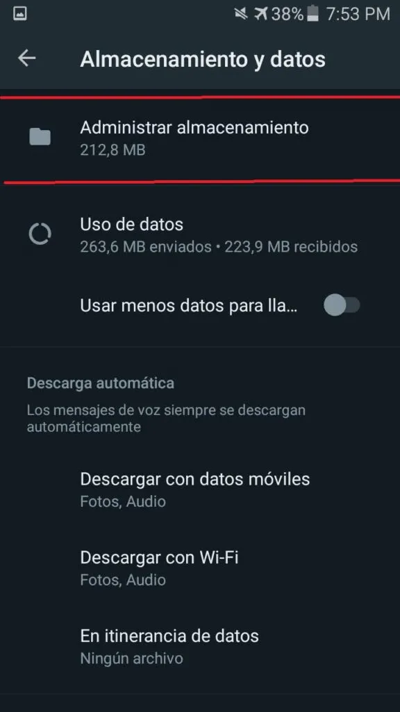 Administrar almacenamiento en Whatsapp Android