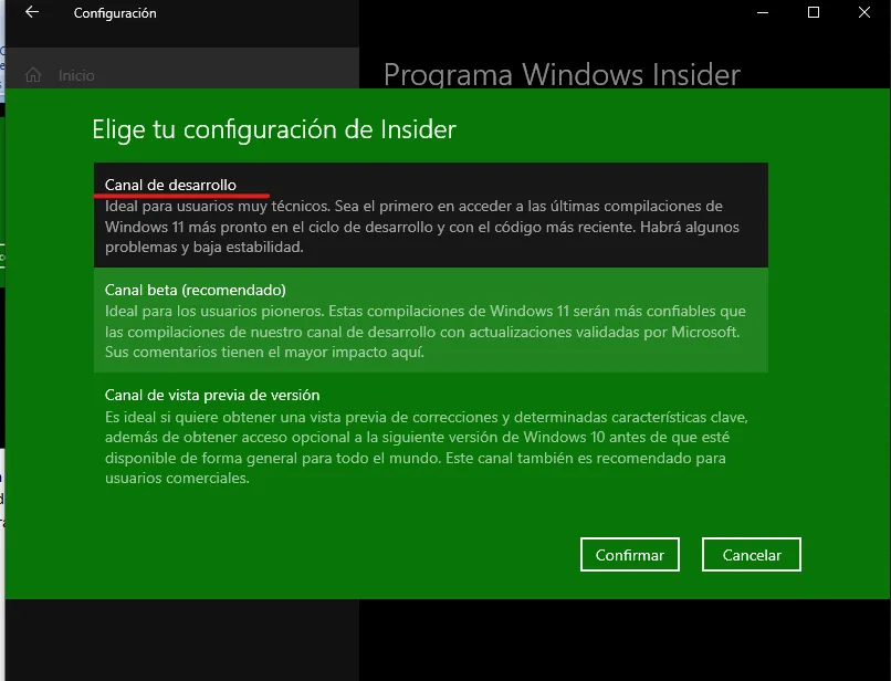 Escoger el canal de desarrollo y obtener Windows 11.
