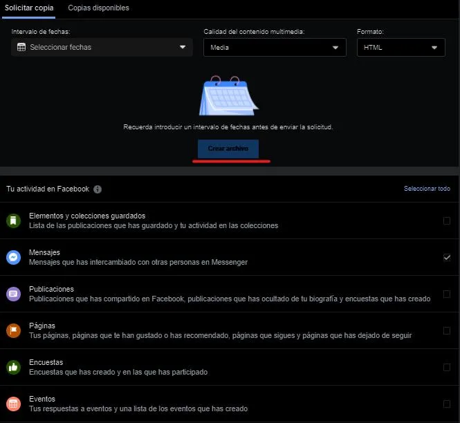 Generando una copia de seguridad en Facebook