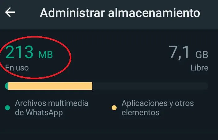 espacio libre y usado en whatsapp
