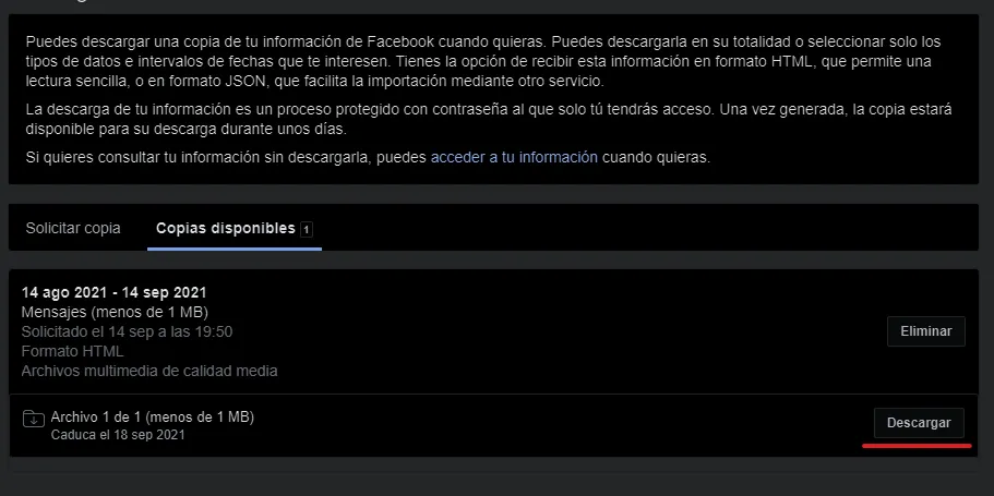 Descargar archivo de backup de facebook