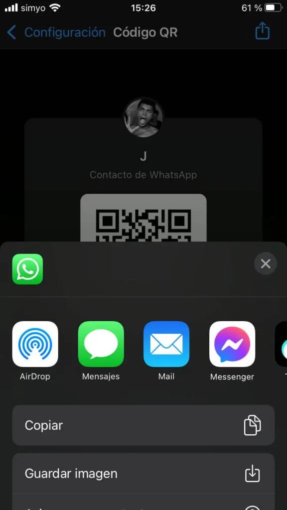 Modal de un iPhone para compartir un archivo mostrando las apps de Telegram y de Gmail.