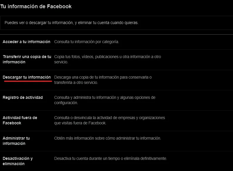 Descargar tu información de Facebook