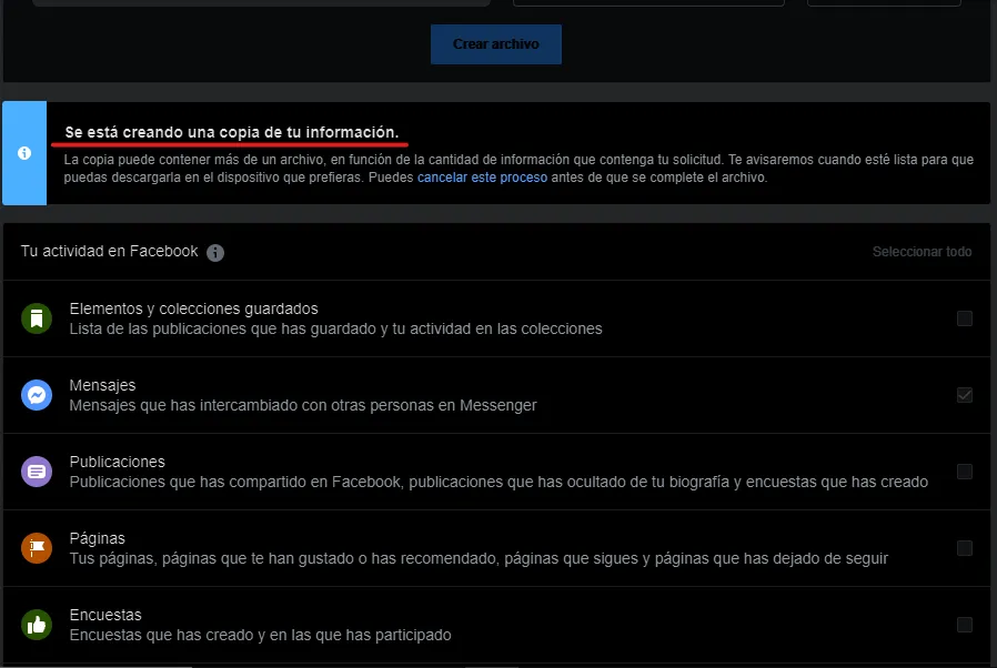 Generando archivo de backup en Facebook