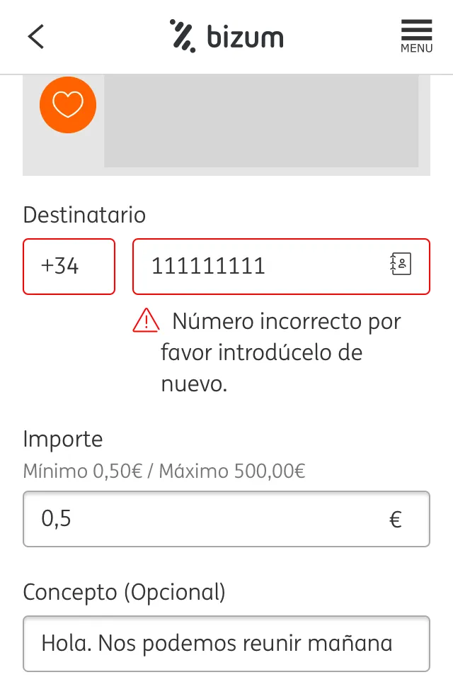 Ventana para realizar un pago por Bizum en la app del banco ING. Se observa que se ha escrito un pequeño mensaje en un apartado llamado “Concepto”.