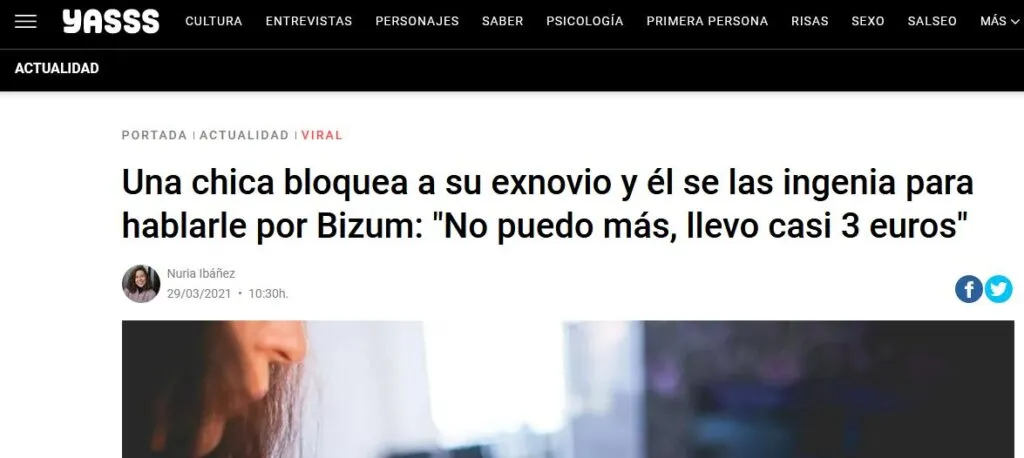 Sitio web de Yasss, el cual muestra la noticia de una chica que fue acosada por su exnovio a través de Bizum. 