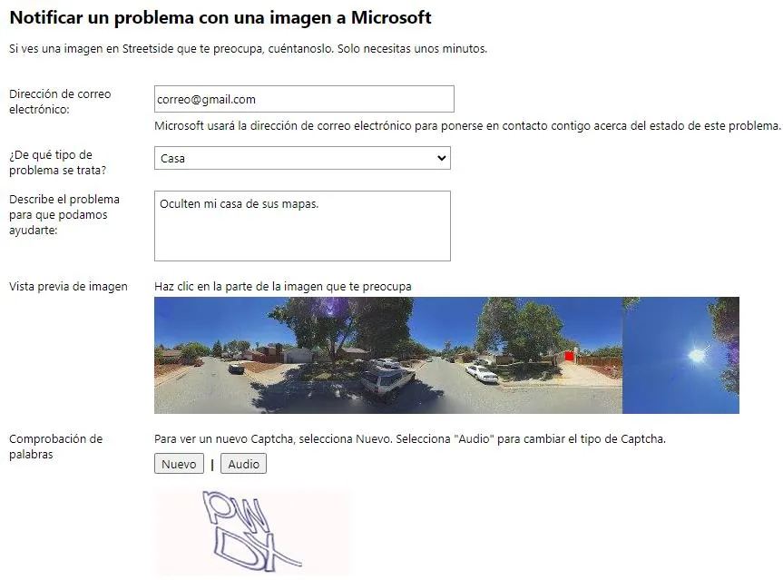 Formulario para notificar de un problema con una imagen de Bing Maps, el cual muestra una foto satelital, las casillas para insertar tu correo electrónico y la descripción del problema con la imagen, una casilla que dice “Casa”, y la verificación captcha. 
