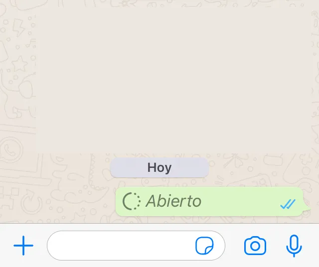 Chat de WhatsApp mostrando un mensaje que dice “Abierto” y en donde aparece un círculo sin nada adentro.
