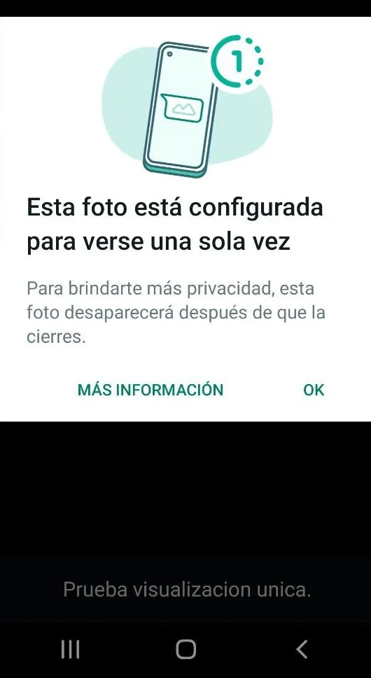 Pantalla que aparece al abrir una foto enviada por Visualización Única en WhatsApp.