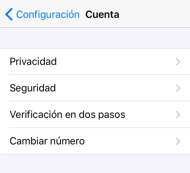 Opciones “Verificación en dos pasos” y “Privacidad” del menú del apartado “Cuenta” de WhatsApp.