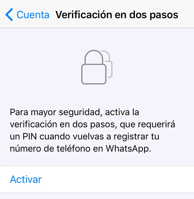 Opción “Activar” del apartado “Verificación en dos pasos” de WhatsApp.
