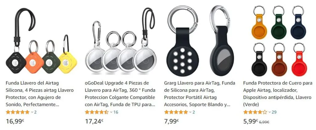 Sitio web de Amazon, el cual muestra unos llaveros y fundas de distintos colores para los AirTags.