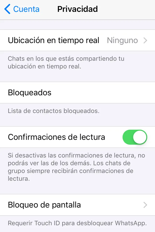 Opción “Bloqueo de pantalla” del apartado “Privacidad” de WhatsApp.