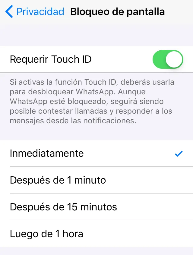 Menú del apartado “Bloqueo de pantalla”, en donde se puede observar que el bloqueo por huella digital ha sido activado, y que se ha seleccionado la opción “Inmediatamente”.