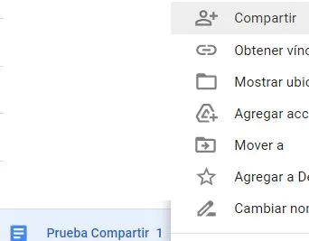 Menú con la opción “Compartir” que aparece al hacer clic derecho en un archivo de Google Drive.