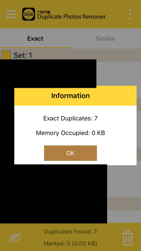 Ventana de Remo Duplicate mostrando un modal diciendo el número de fotos duplicadas encontradas en un móvil, en el cual se observa el botón “OK”. Se puede observar un icono de unos tres puntos.